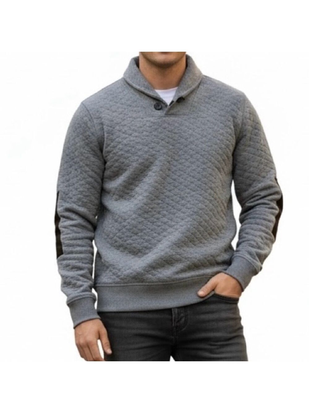 Billy Reid Diamond Quilt Shawl Pullover Men L Gray Elbow Patches Classic Staple